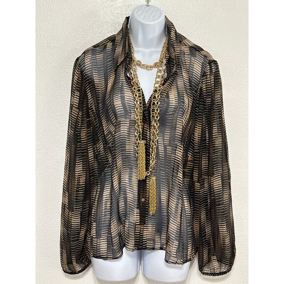 VTG Valerie Stevens Sheer Silk Geo Print Blouse XL Brown Black Fall Trend City - Picture 8 of 16